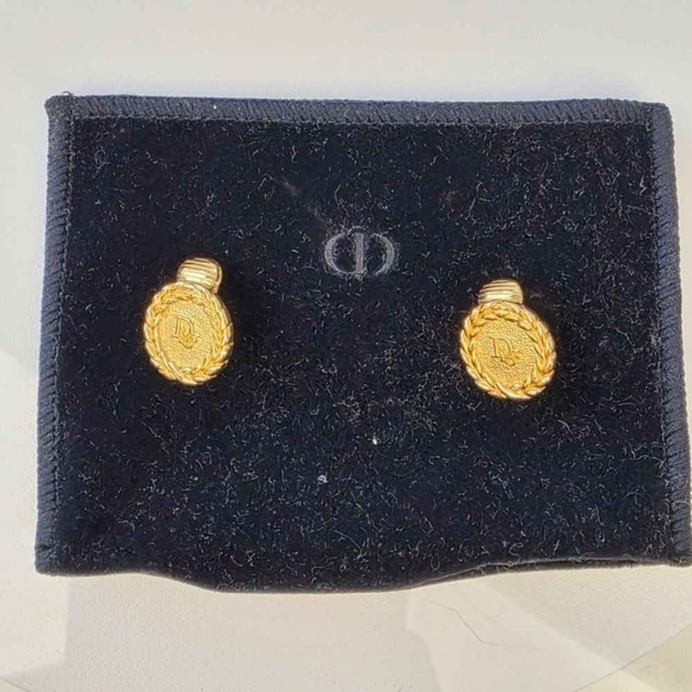 Christian Dior Vintage Gold Tone Oval D Logo Medallion Clip On Earrings